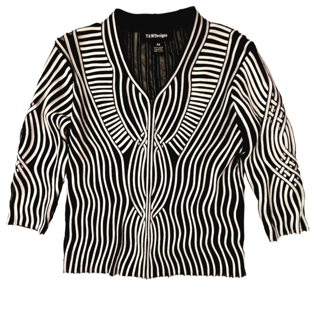Nwot T& W Designs Art Deco Black/White Zip front 3/4 Sleeve  Ribbon Blazer